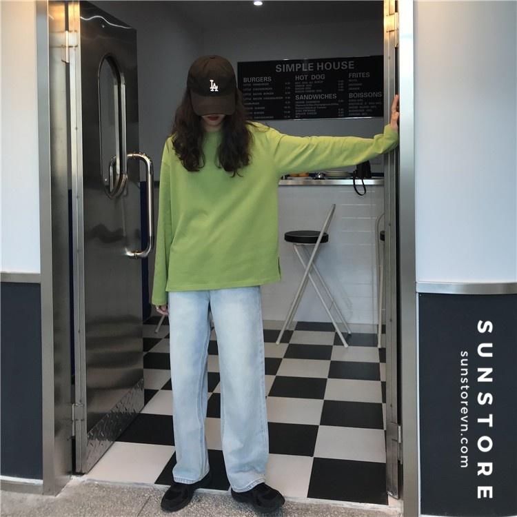 Quần jean nữ lưng cao dáng suông dài màu nhạt Ulzzang