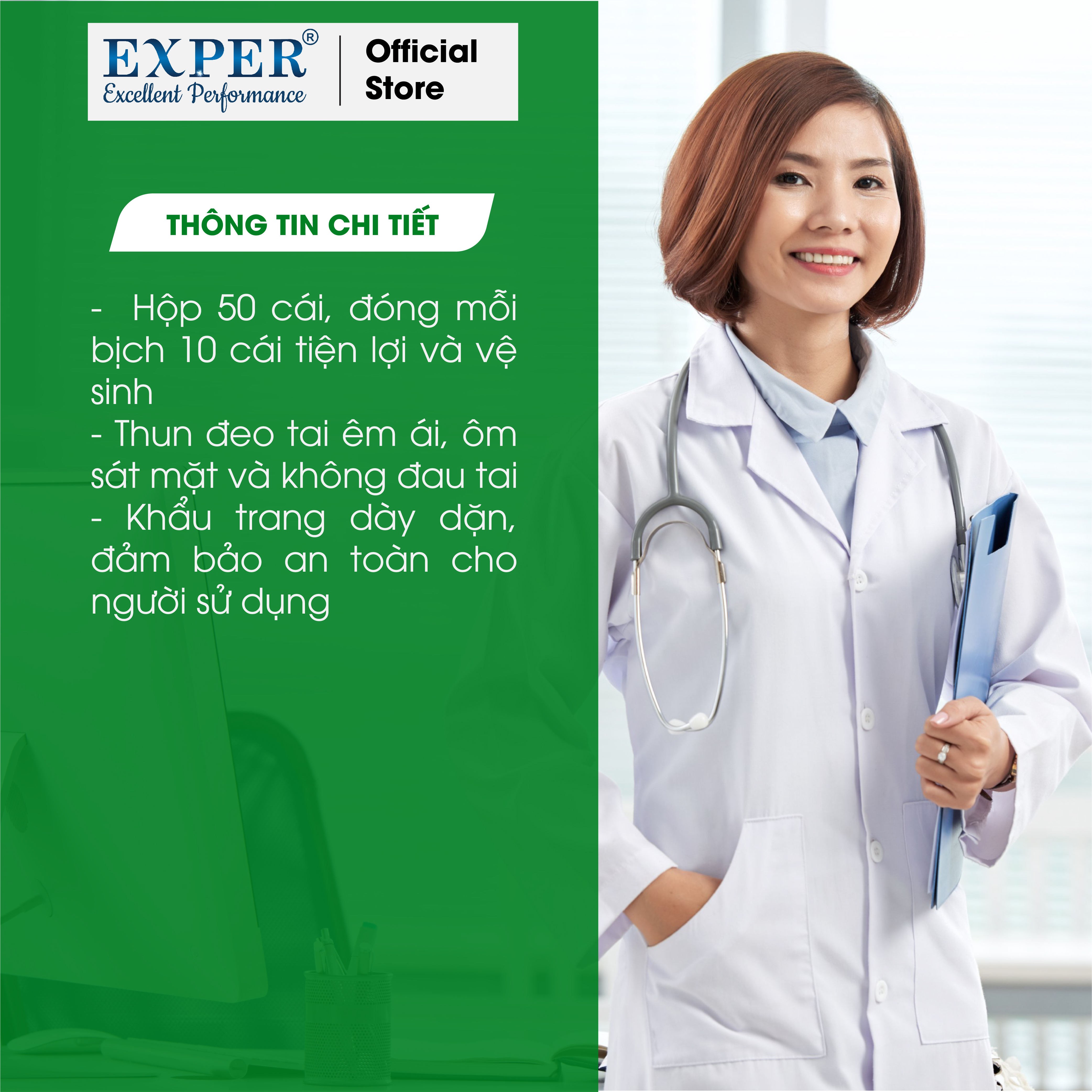 Khẩu trang y tế EXPER 3 lớp kháng khuẩn giành cho người lớn hộp 50 cái