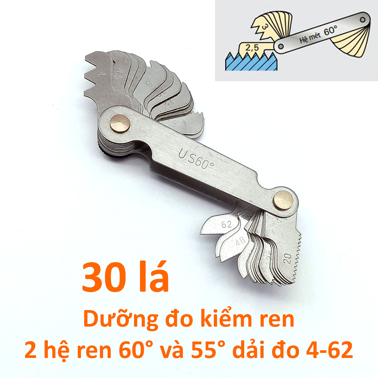 Dưỡng đo kiểm ren 60° hệ Mỹ 30 lá dải đo 4-62 bước ren mỗi inch