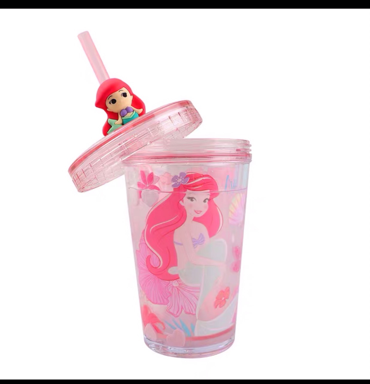 Ly pha lê ống hút 2 lớp kim tuyến vật nổi kèm Sticker 3D hình nàng tiên cá công chúa Ariel - PDP2510H