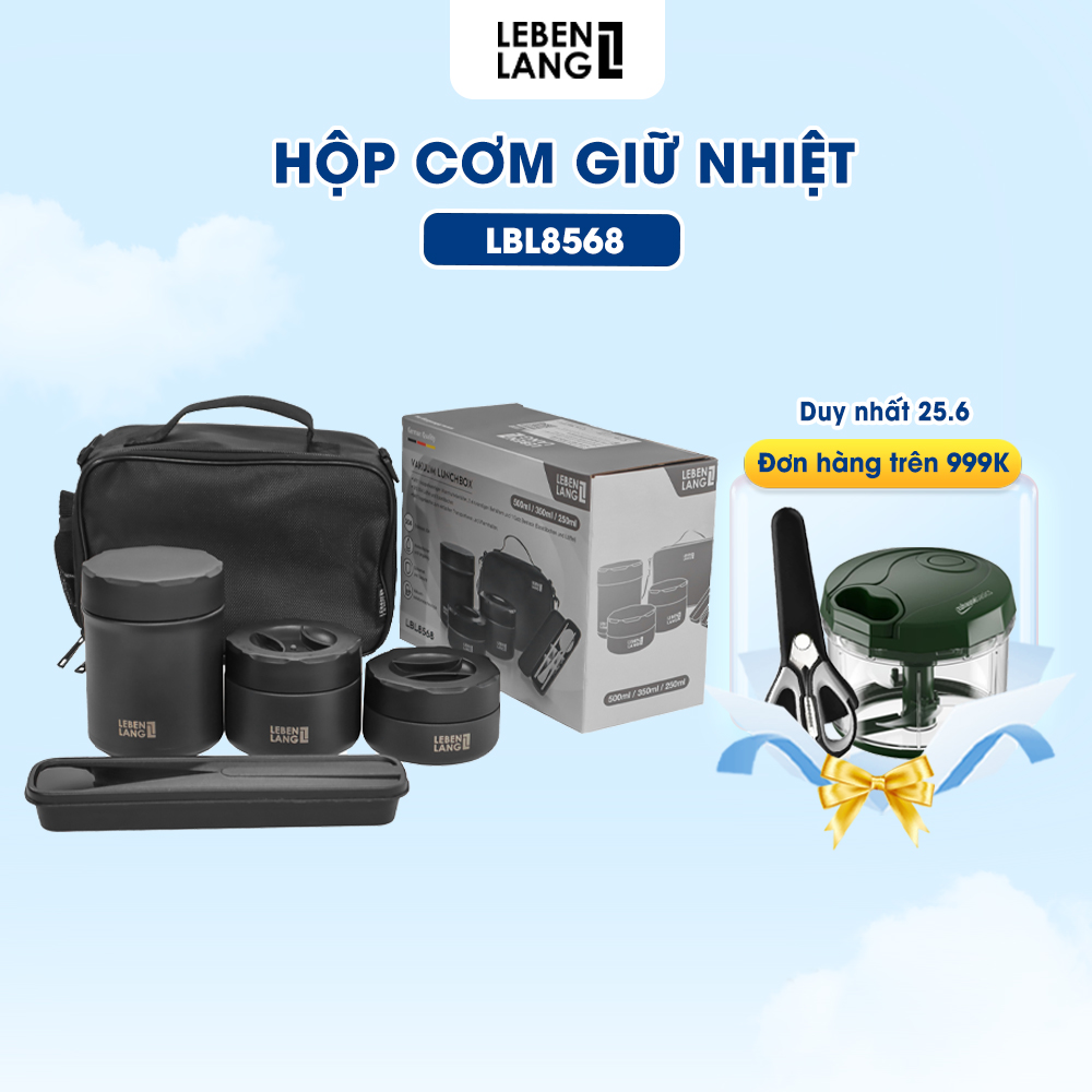 Hộp đựng cơm giữ nhiệt chân không bằng inox LEBENLANG LBL8568, 3 hộp riêng biệt, TẶNG kèm túi đựng giữ nhiệt - hàng chính hãng