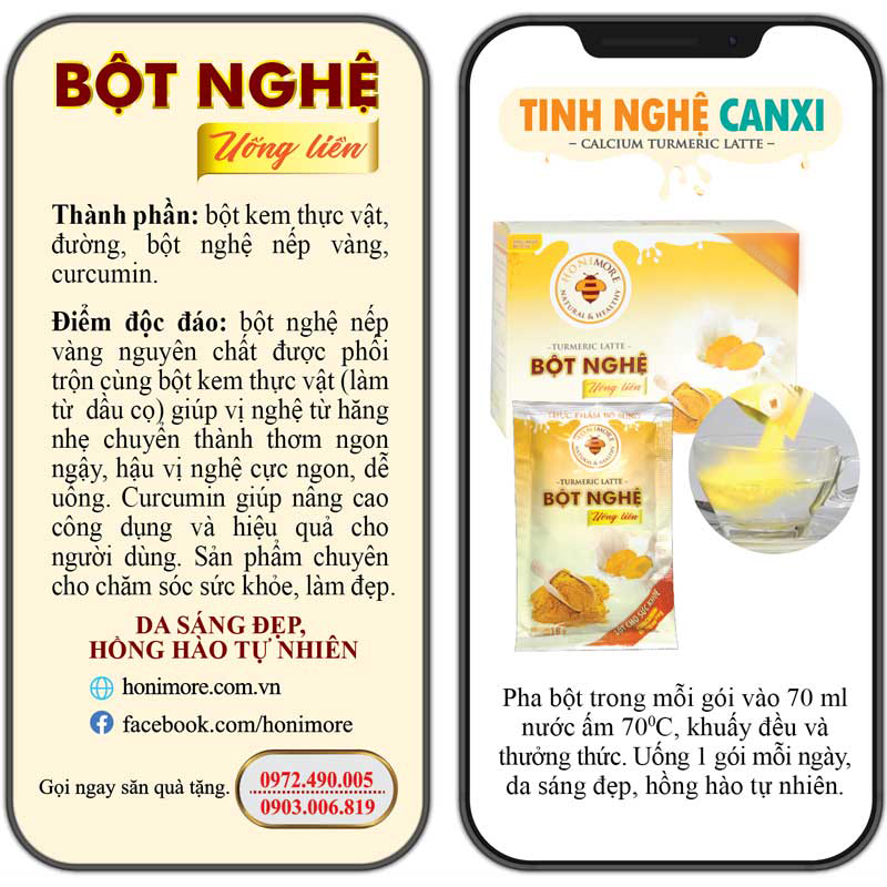 Bột nghệ uống liền Honimore hộp 288g - 18 gói Thơm ngon dễ uống