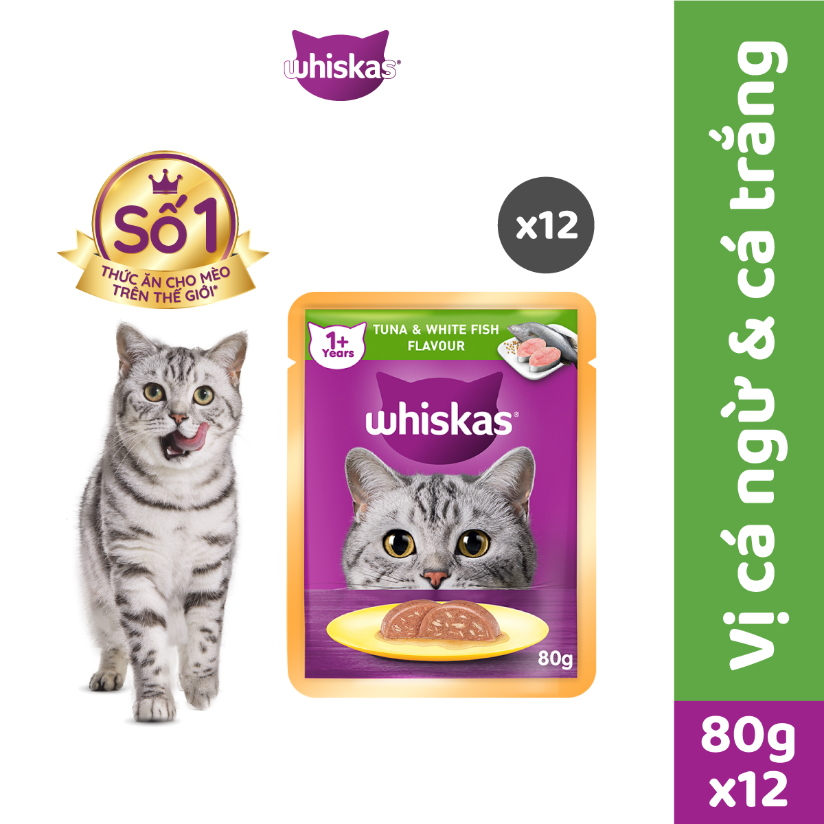 WHISKAS Thức ăn cho mèo lớn dạng sốt vị cá ngừ và cá thịt trắng 80g (12 gói)