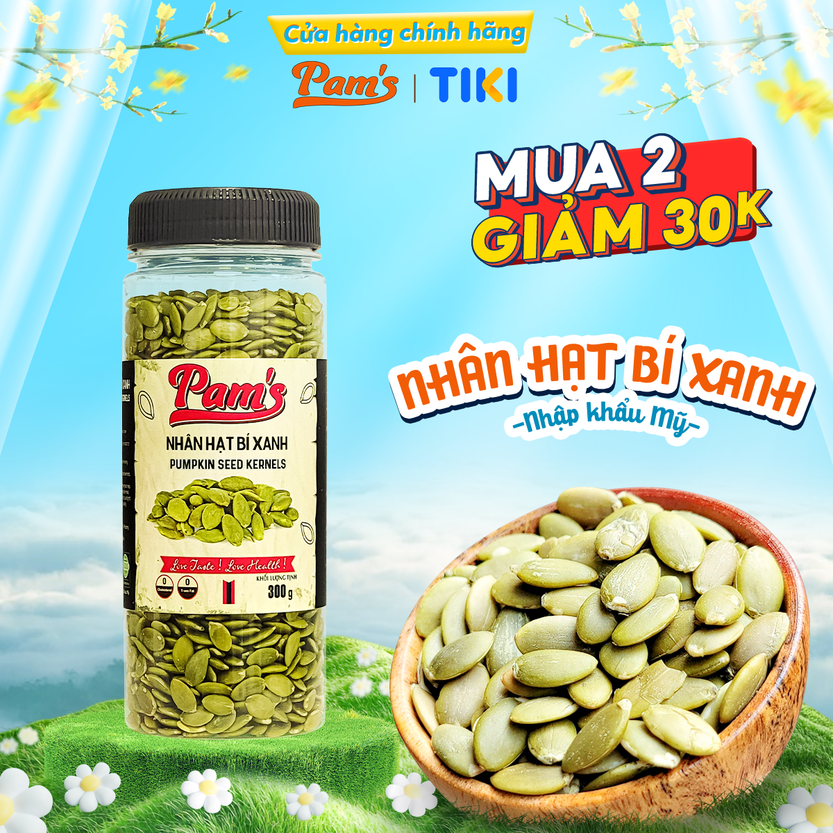 Hạt Bí Xanh Tách Vỏ Nhập Khẩu Mỹ Pams 300Ghũ, Nhân To, Dày Cơm, Giòn Bùi, Thích Hợp Ăn Vặt, Ăn Kiêng, Dinh Dưỡng Mẹ Bầu - 300G