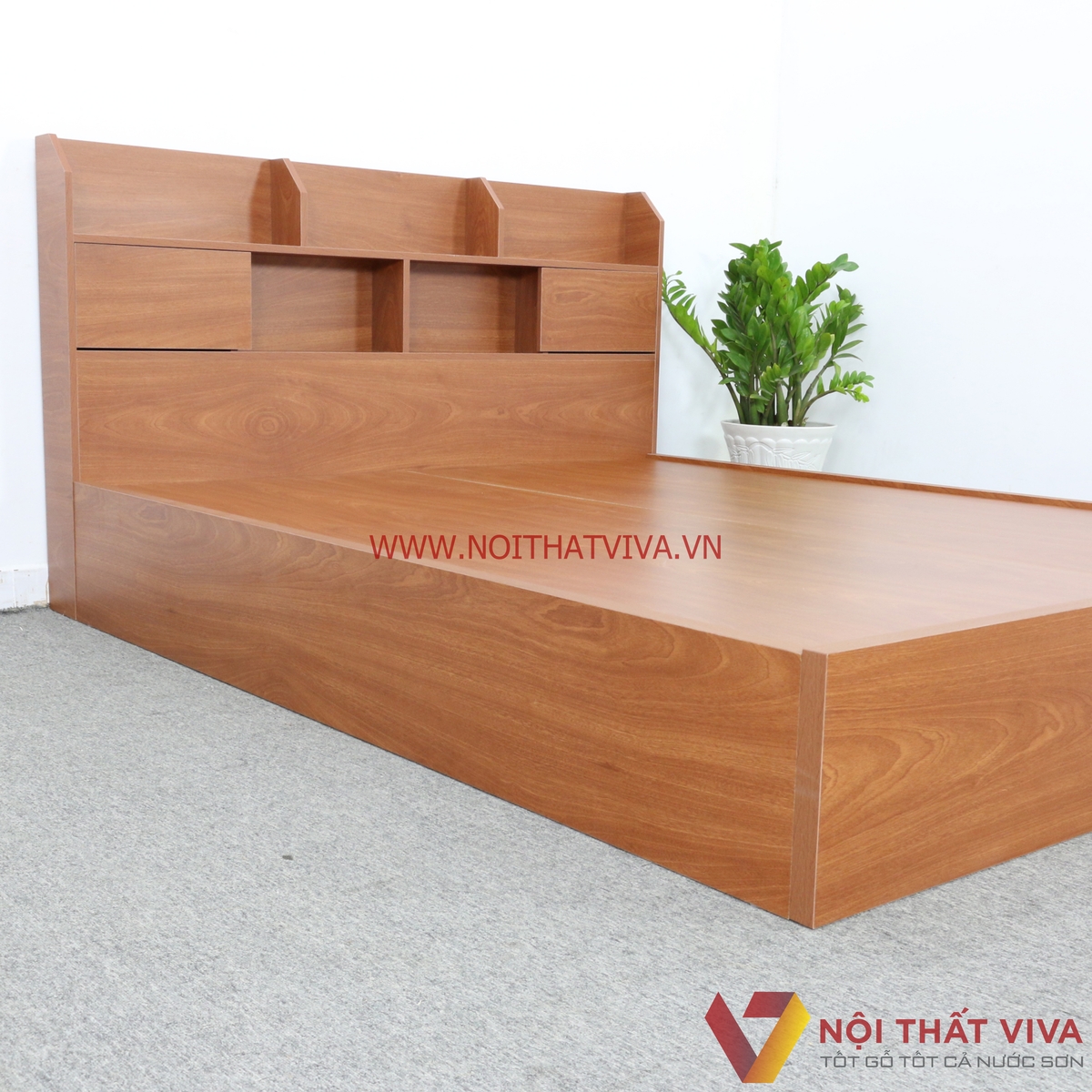 Giường Ngủ Gỗ MDF Melamine Màu Xoan Đào Có Kệ Trang Trí Đẹp Giá Rẻ
