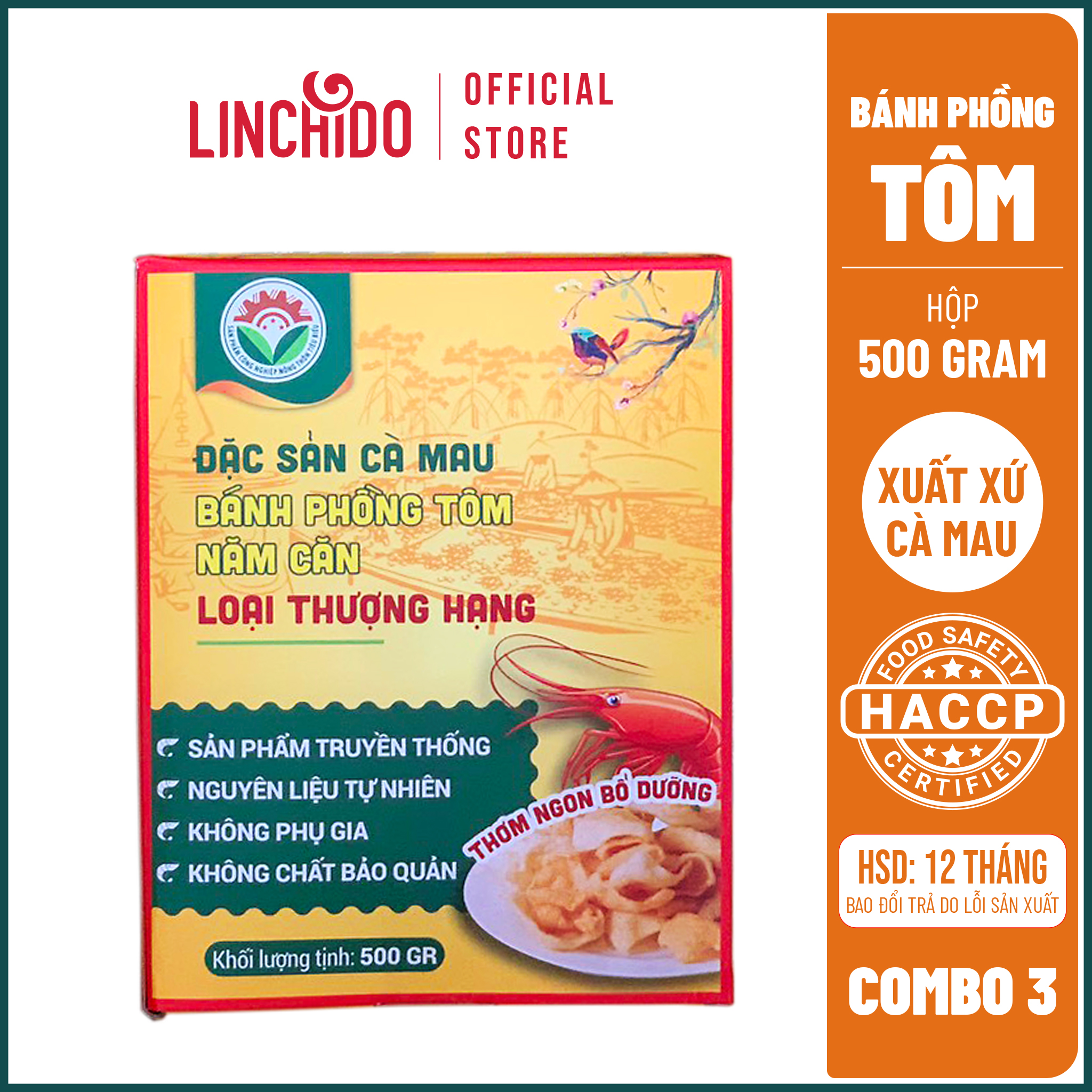 COMBO 3 Hộp - Đặc sản Cà Mau - Bánh Phồng Tôm Năm Căn - Loại Thượng Hạng ( Hộp 500 GRAM )