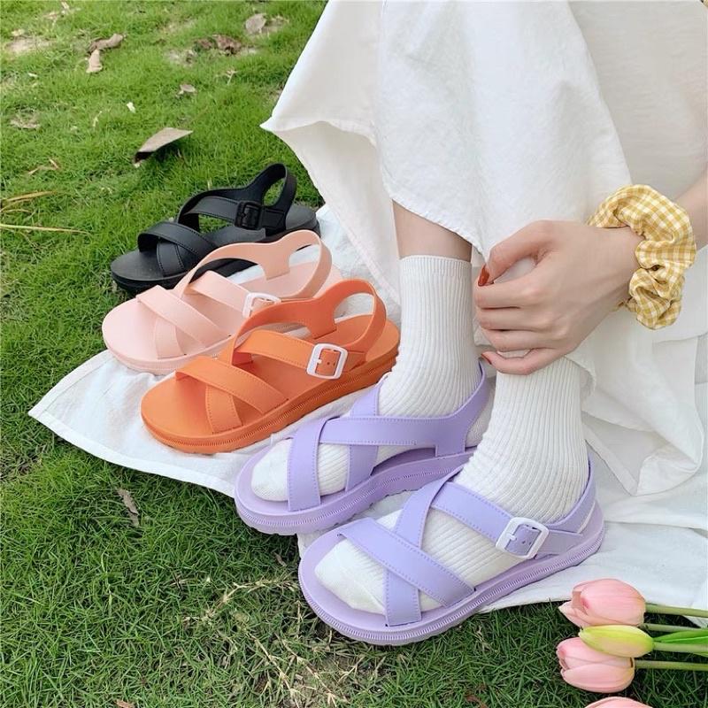 Giày sandals nữ đan chéo màu pastel xinh xắn summer 2021