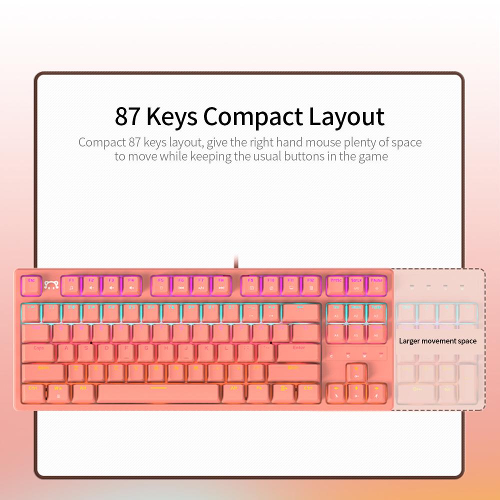 DaiDai STK130 USB Wired Mechanical Keyboard Mixed Light Keyboard 87 Keys Gaming Office Keyboard Ergonomic Design Pink