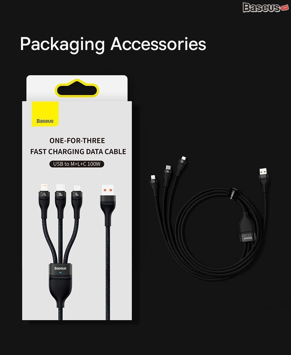 Cáp sạc nhanh 3in1 Baseus Flash Series Ⅱ One-for-three Fast Charging Data Cable USB to M+L+C 100W CASS030001- Hàng chính hãng