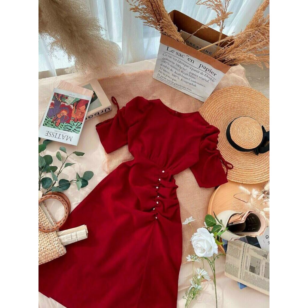 Đầm váy nữ đỏ đi chơi đi tiệc du lịch sang chảnh tay rút nhún eo MTB  hàng đẹp cao cấp