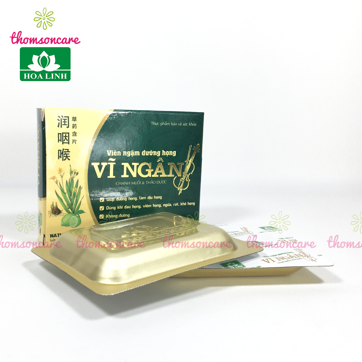 Vĩ ngân - Viên ngậm giảm ho, sát khuẩn họng, không đường từ húng chanh, bạc hà, cam thảo - Hộp 10 viên