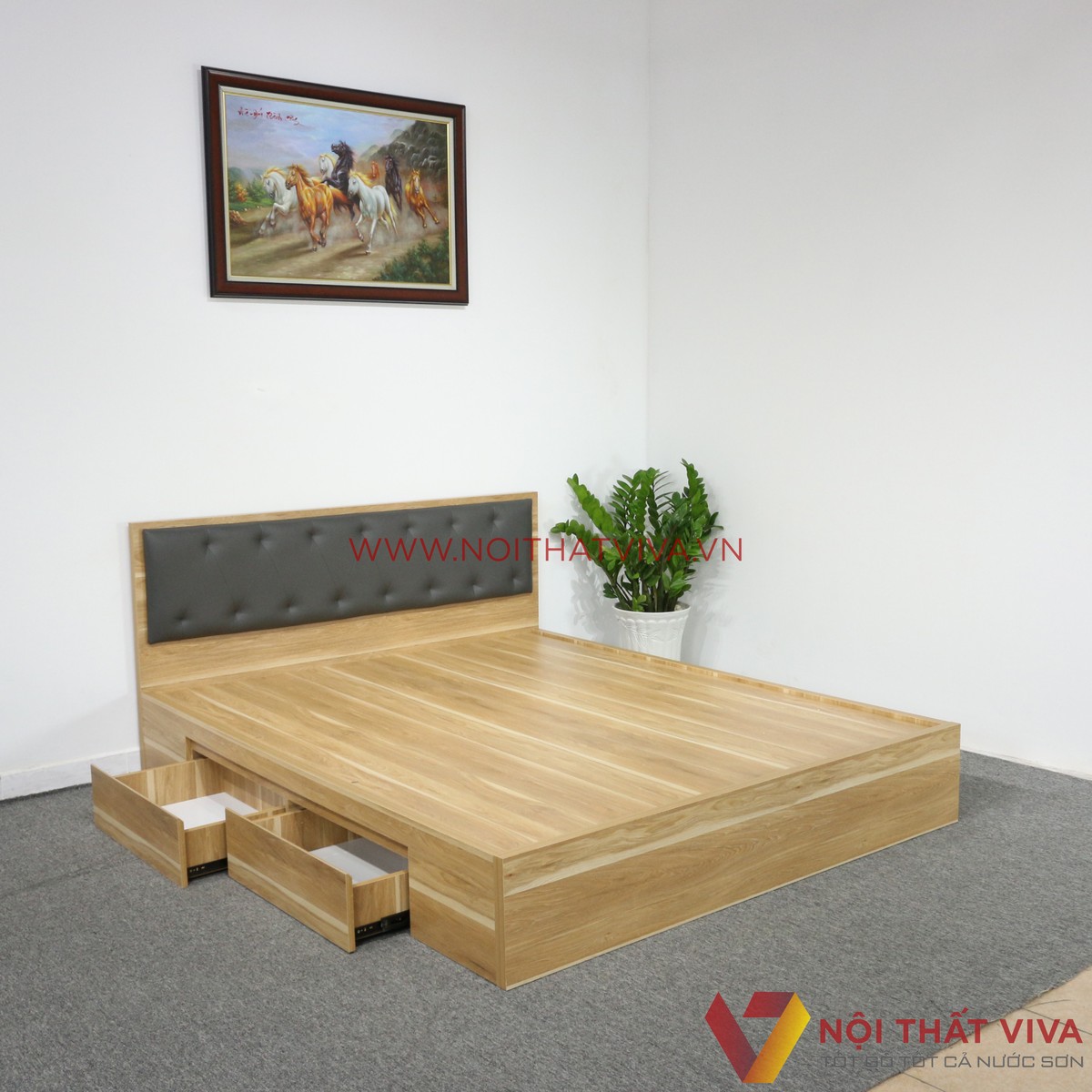 Giường Ngủ Gỗ MDF Melamine Vân Gỗ Vàng Sọc Có Hộc Kéo + Đầu Nệm Đen Đẹp