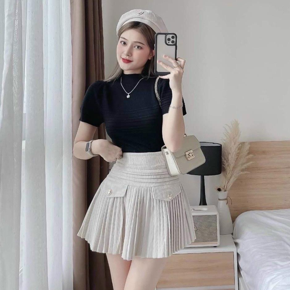 [L2M] Áo len nữ Montoghi dệt kim CỔ LỌ 3cm tay phồng sóng ngang hàng Quảng Châu phong cách và thanh lịch