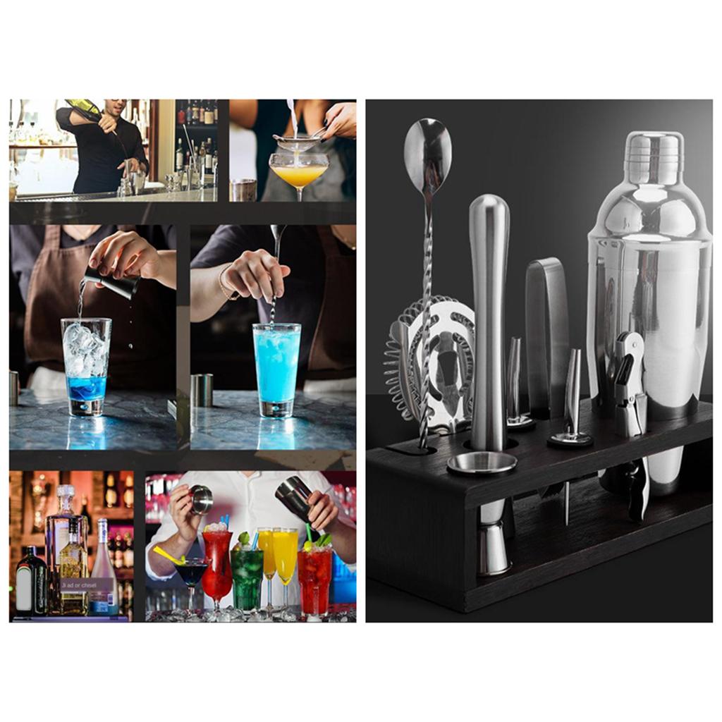 10pcs/Set Stainless Steel Bartender Kit Cocktail Martini Shaker Wooden Stand Set