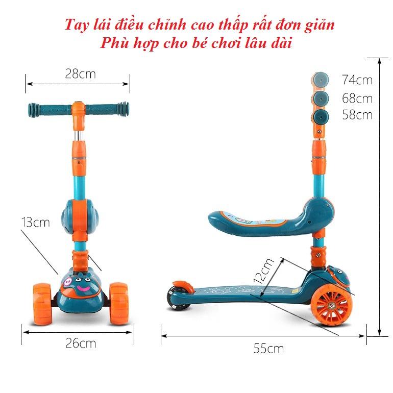 Xe trượt scooter gấp gọn đa năng có nhạc, có ghế nhún, có đèn phát sáng cho bé từ 2 đến 8 tuổi