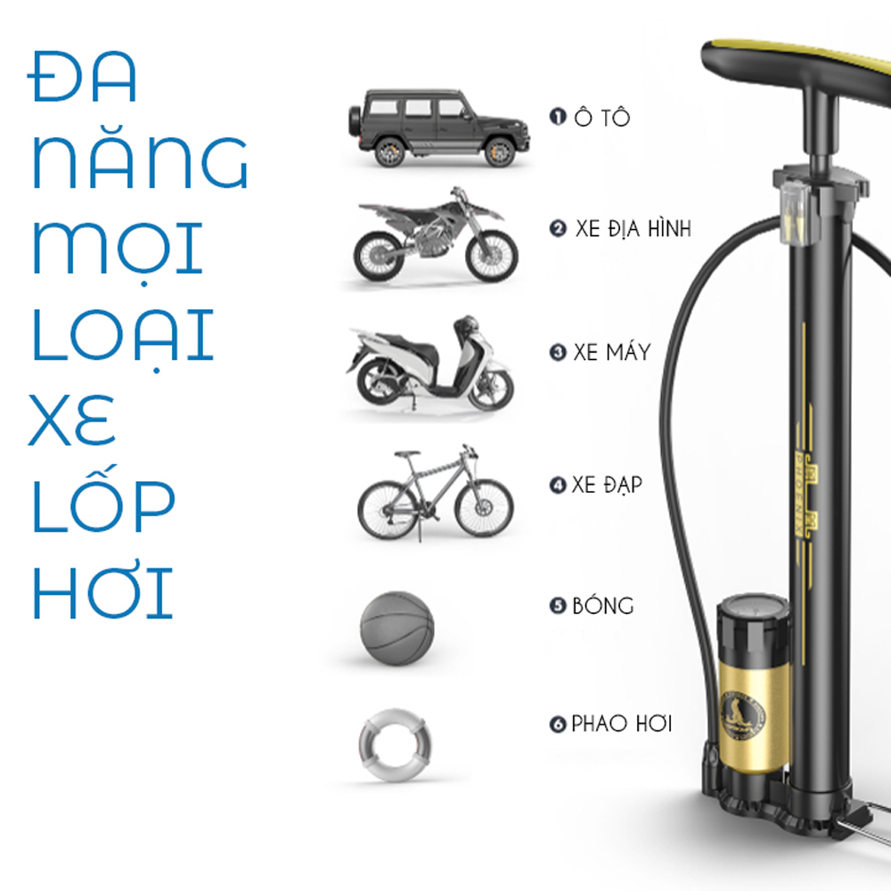 Bơm xe đạp, xe máy cầm tay có bình nén áp lực 150PSI, đồng hồ đo áp suất lốp cao cấp, chiều dài dây bơm 60cm từ cao su bền dẻo dai