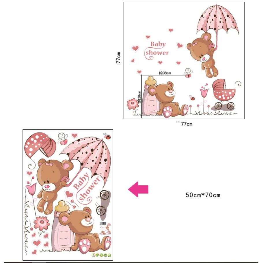 Decal trang trí tường - Gấu Teddy dù hồng cho bé