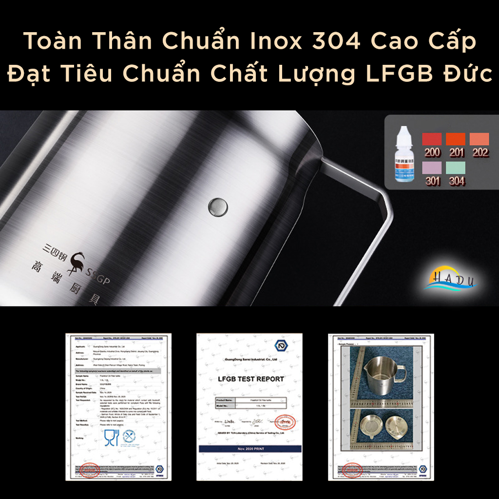 Bình Lọc Dầu Ăn Inox 304 Cao Cấp Có Lưới Lọc Cặn Bằng Inox Loại 2 lit Có Nắp Đạt Chất Lượng Đức SSGP