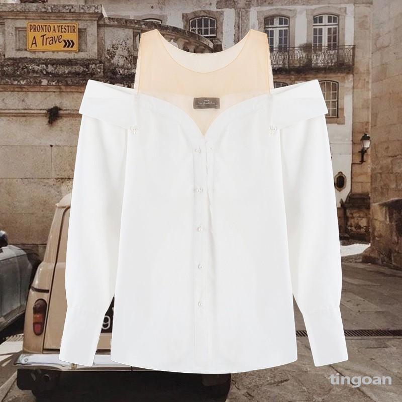 Áo sơmi trễ vai trắng phối lưới đính ngọc chống nhăn tingoan PURE LOVE SHIRT/WH
