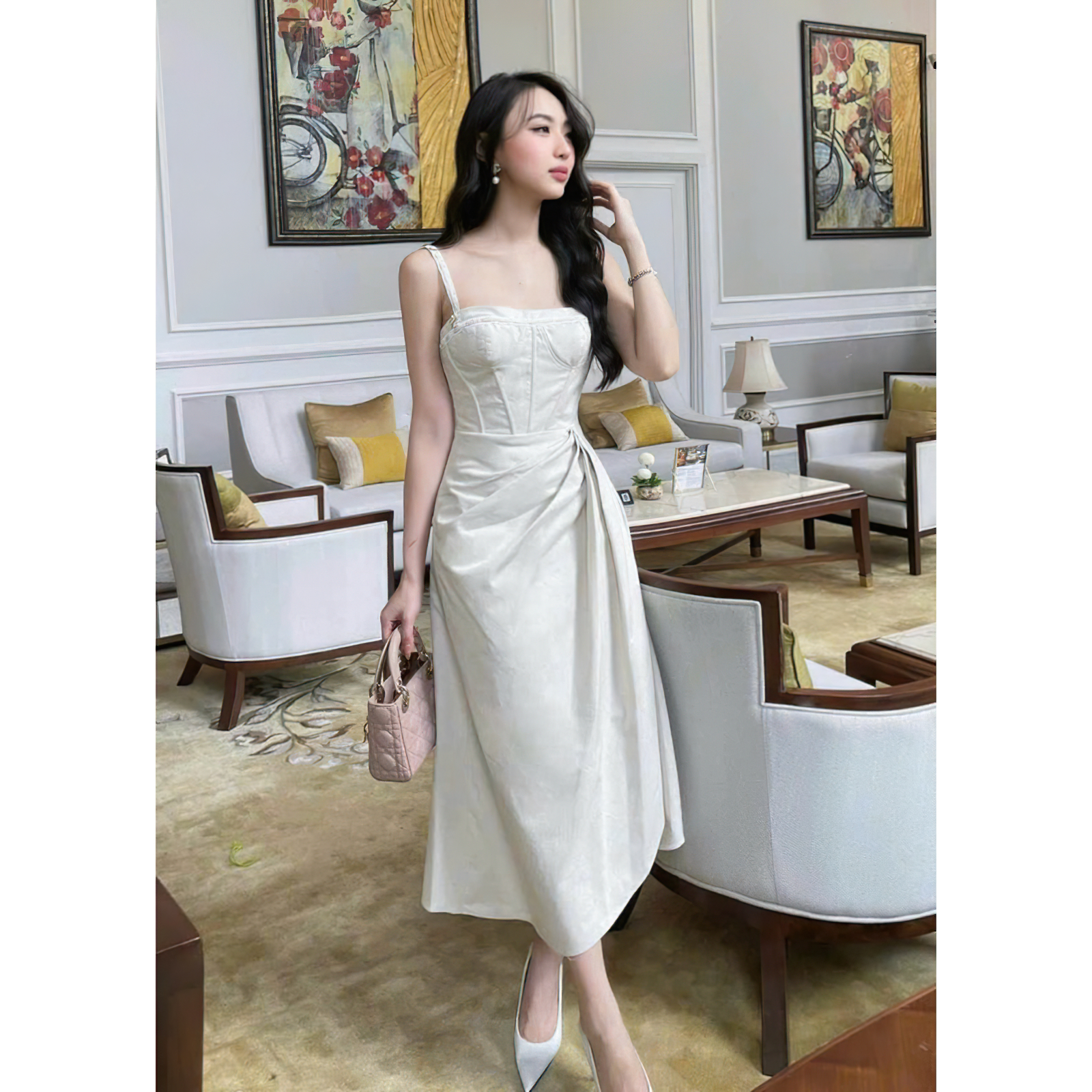 Đầm dự tiệc Mina thiết kế hai dây dáng xoè midi chất liệu Linen sang trọng - MN241