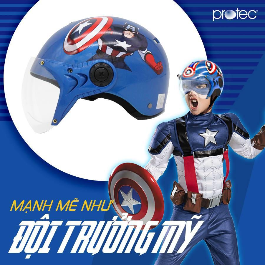 Mũ bảo hiểm trẻ em 1/2 đầu có kính Protec Kitty, họa tiết siêu anh hùng Captain American an toàn, thời trang cho bé trai