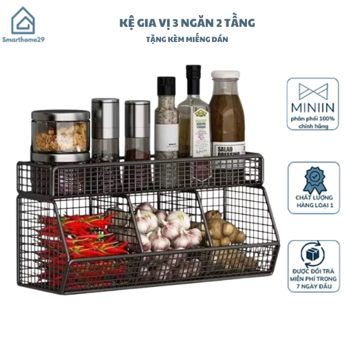 Giỏ Đựng Hành Tỏi Dán Tường, Kệ Đựng Gia Vị 3 Ngăn 2 Tầng Gắn Tường Nhà Bếp Tiện Lợi Bằng Thép - Kèm Miếng Dán - Hàng Chính Hãng MINIIN