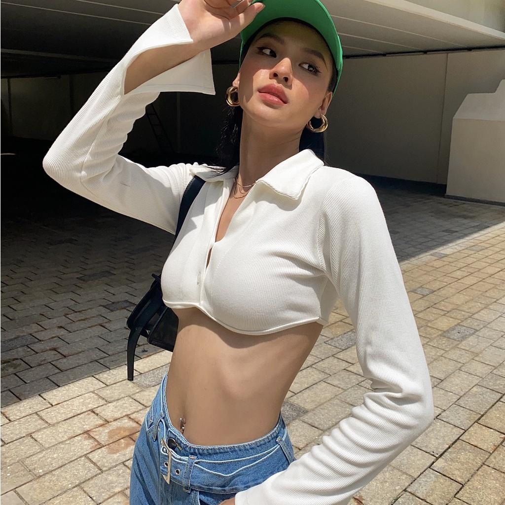 ┋♘Áo croptop nữ body dài tay TOPTIFY cổ polo hai nút viền ngực Shelby Top A216