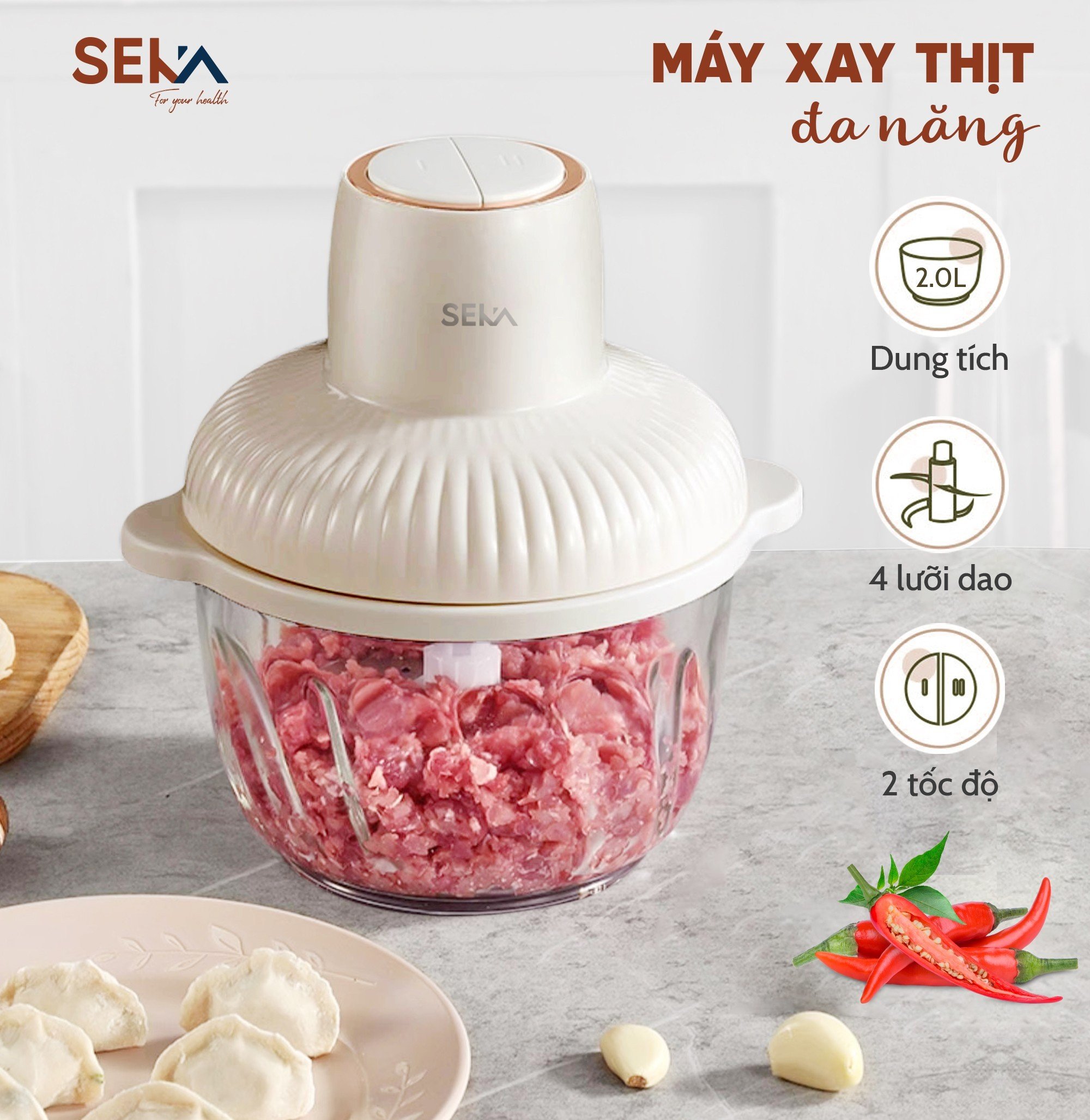 Máy Xay Thịt, Thực Phẩm Đa Năng SEKA SK2286 Cối Thủy Tinh 2L - 500W (Model 2023) - Hàng Chính Hãng