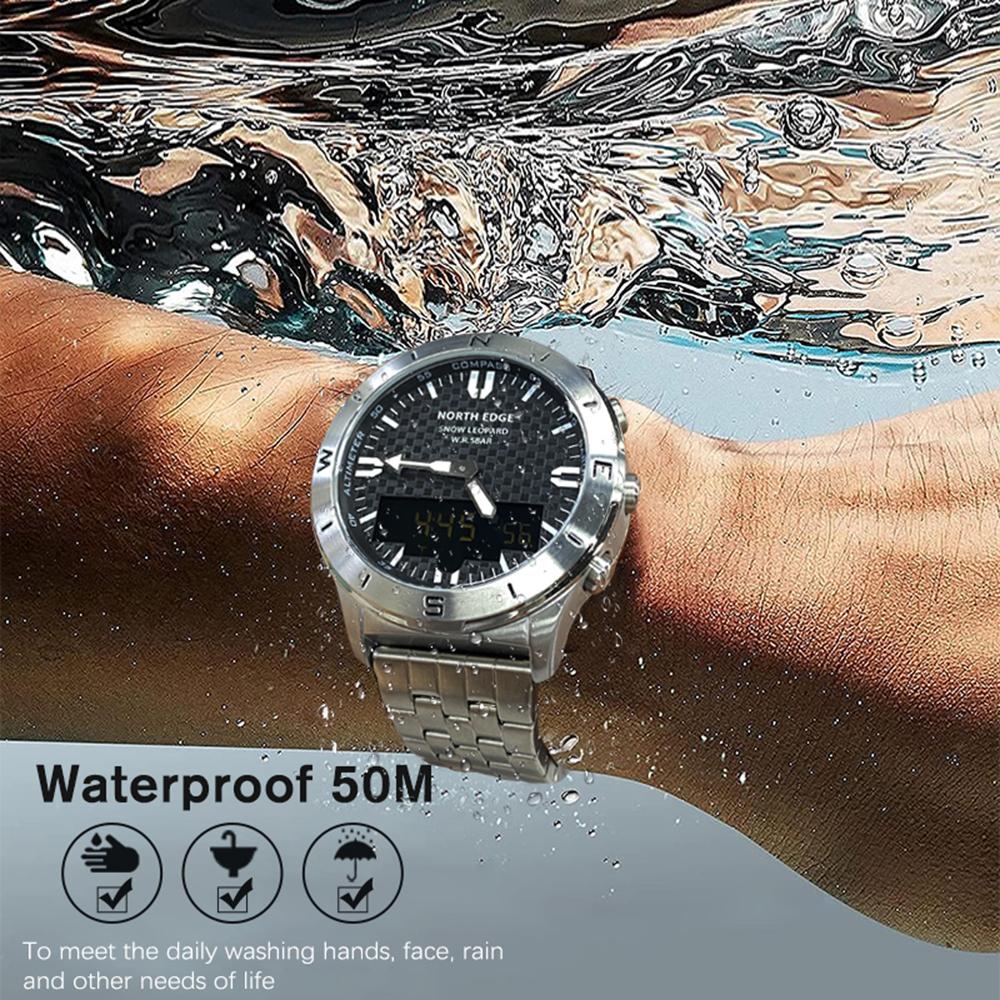 NORTH EDGE Stainless Steel Wrist Watch for Men 50M Waterproof Outdoor Sports Digital Watch with Compass Altimeter Barometer Thermometer