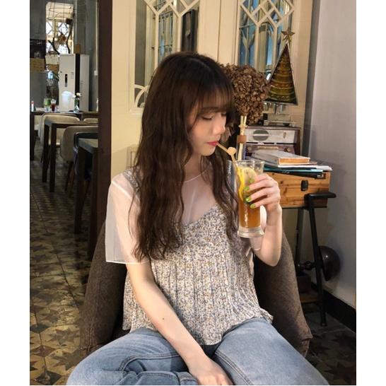 Áo chiffon kiểu tay cộc ghép hai dây họa tiết hoa giả hai mảnh cho nữ