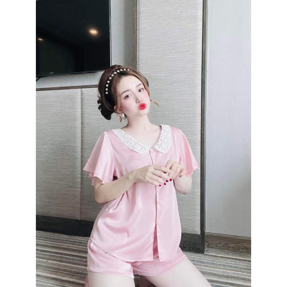 Đồ Mặc Nhà Quần Ngắn, Đồ Bộ Nữ Cổ Ren Tay Xòe Chất Lụa LATIN CAO CẤP, Ít Nhăn, Phom Dưới 56kg