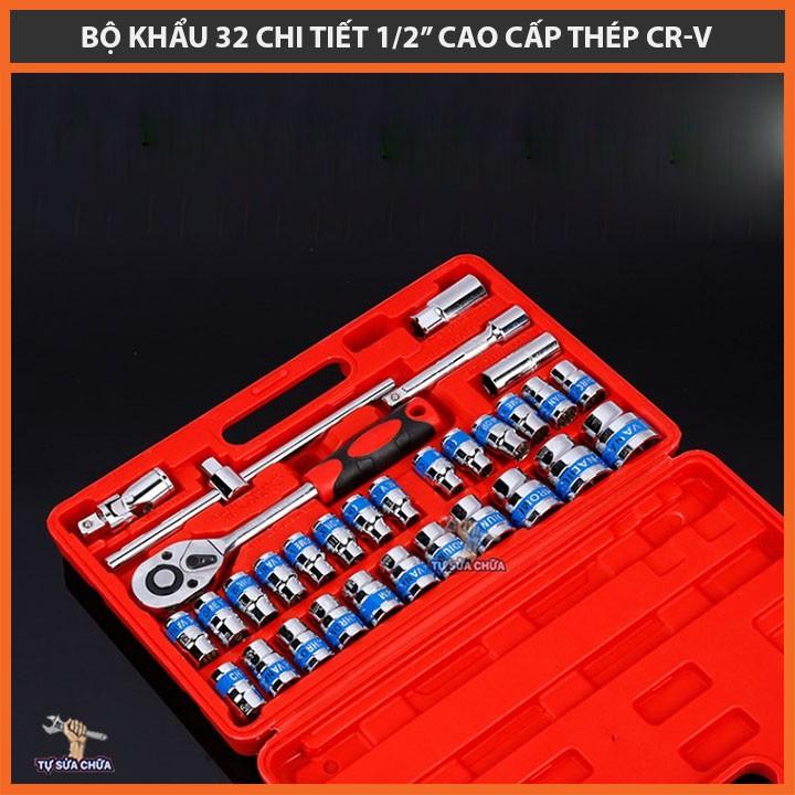 Bộ khẩu cờ lê 1/2'' 32 chi tiết chuyên mở ốc, siết ốc loại xịn, làm từ théo CR-V siêu cứng, chống gỉ