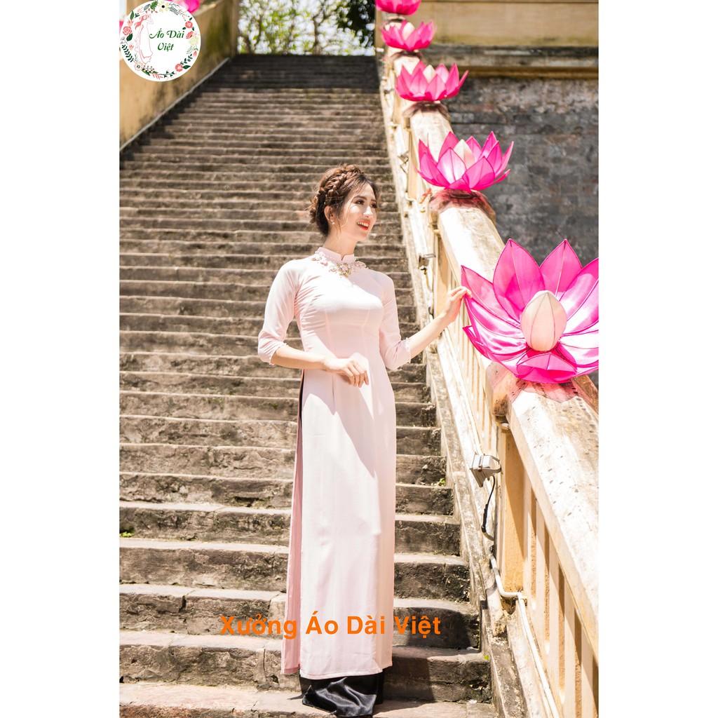 Áo Dài Hồng Đắp Hoa Ruy Băng - Áo Dài 4 Tà - Áo Dài Việt Hàng Lụa Chất Lượng