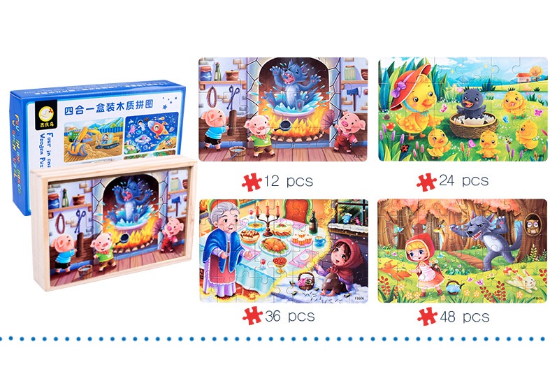 Đồ chơi hộp xếp hình 4 cấp độ Puzzle 12,24,36,48 miếng trong 1 hộp gỗ cho bé