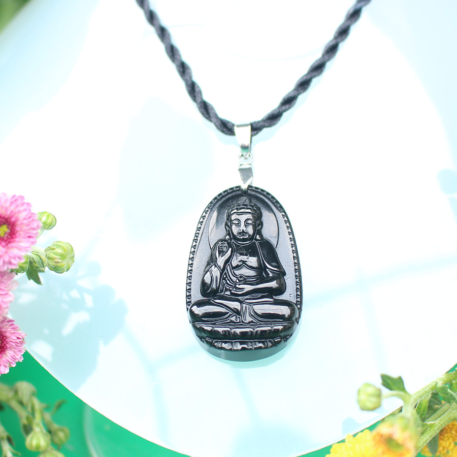 Dây chuyền Mặt Phật A Di Đà_Mặt Phật đá phong thủy_ Phật bản mệnh, Phật hộ mệnh cho tuổi Hợi_Mặt Phật Đá Núi Lửa Obsidian