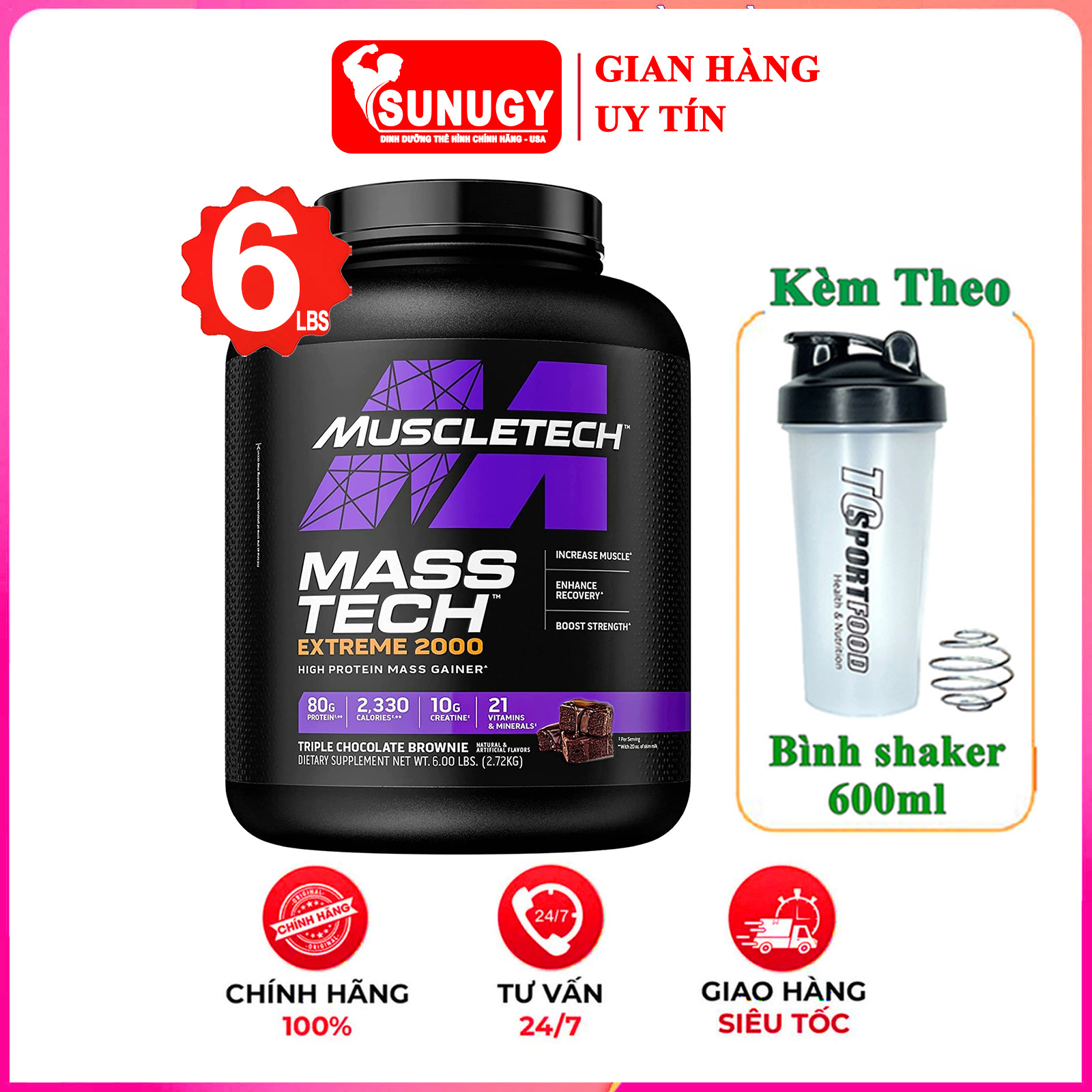 Combo Sữa tăng cân tăng cơ MASS TECH EXTREME 2000 của MuscleTech hỗ trợ tăng cân tăng cơ nhanh cho người gầy kén ăn, khó hấp thu, khó tăng cân & Bình lắc 600 ml
