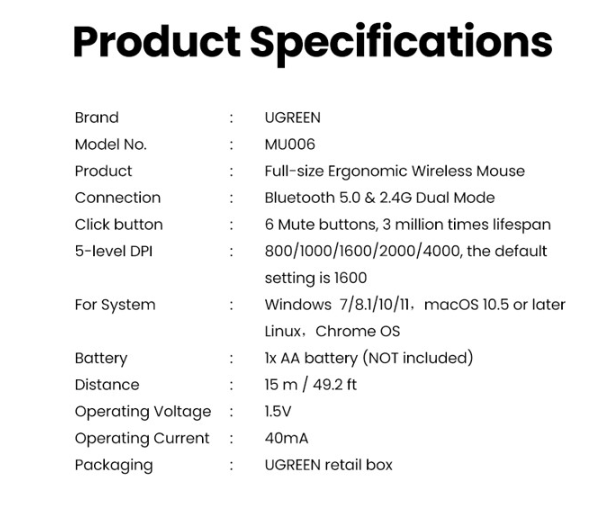 Chuột Bluetooth 5.0 6 nút không ồn UGREEN 15508 MU006 - Hàng chính hãng
