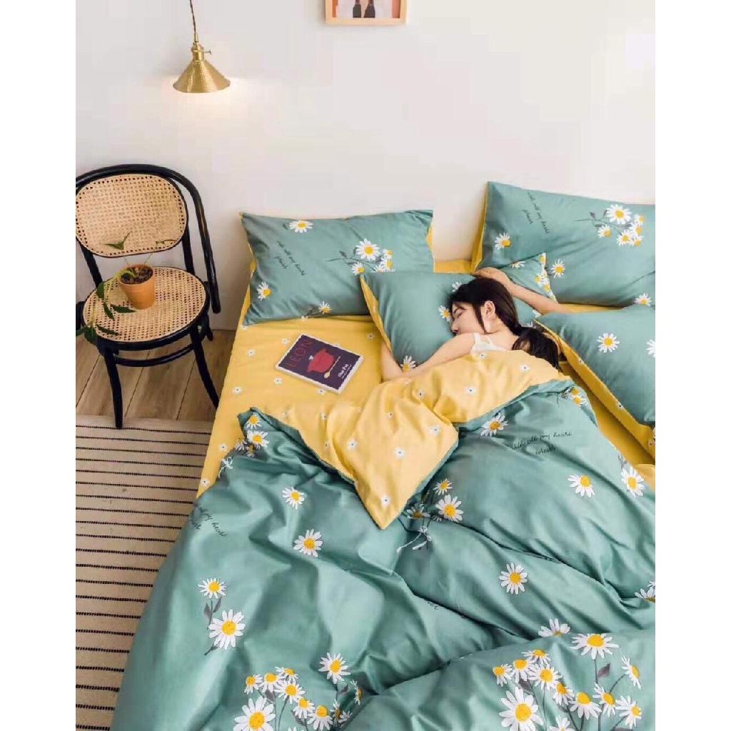 Ga Gối Vỏ Chăn Poly Cotton Hoa Cúc Xanh Ga Vàng Mẫu Mới