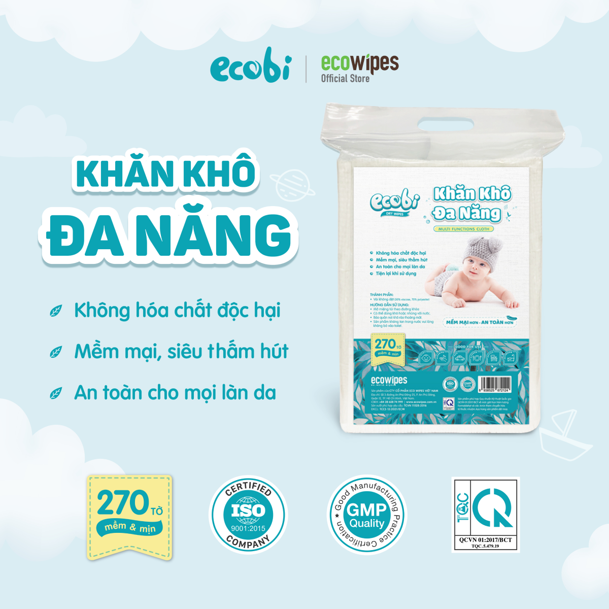 Khăn khô đa năng cao cấp cho bé EcoWipes Ecobi không mùi không paraben an toàn cho da bé