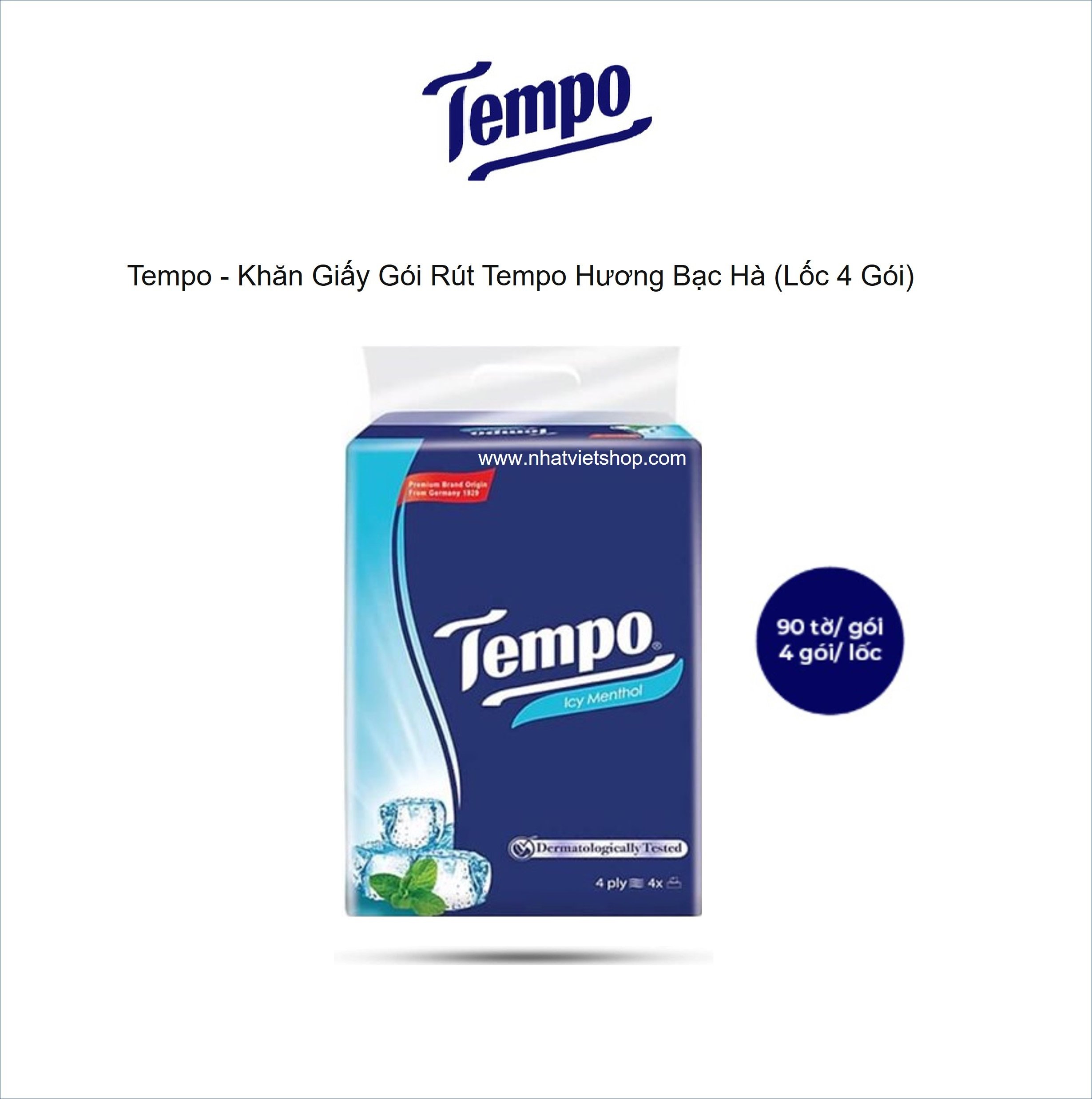 Tempo - Khăn Giấy Gói Rút Hương Bạc Hà - Softpack Icy Menthol 4 Lớp (90 Tờ/ 1 Gói) Loại Lốc 4 Gói