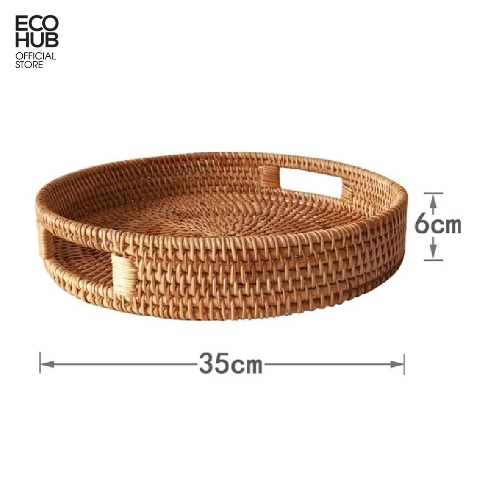 Khay mây tròn ECOHUB có tay cầm, d30cm / 35cm (Basket Rattan Woven Storage Tray with Handle)