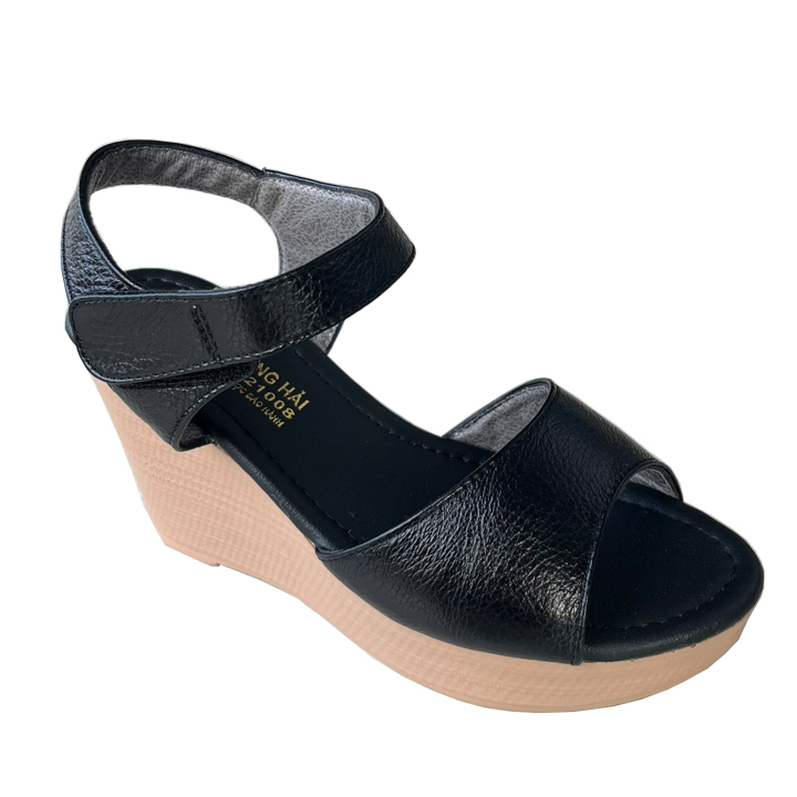 Giày sandal nữ Đế xuồng cao 9cm da bò Màu đen Trường Hải DX145 FORM NHỎ HƠN 1 SIZE