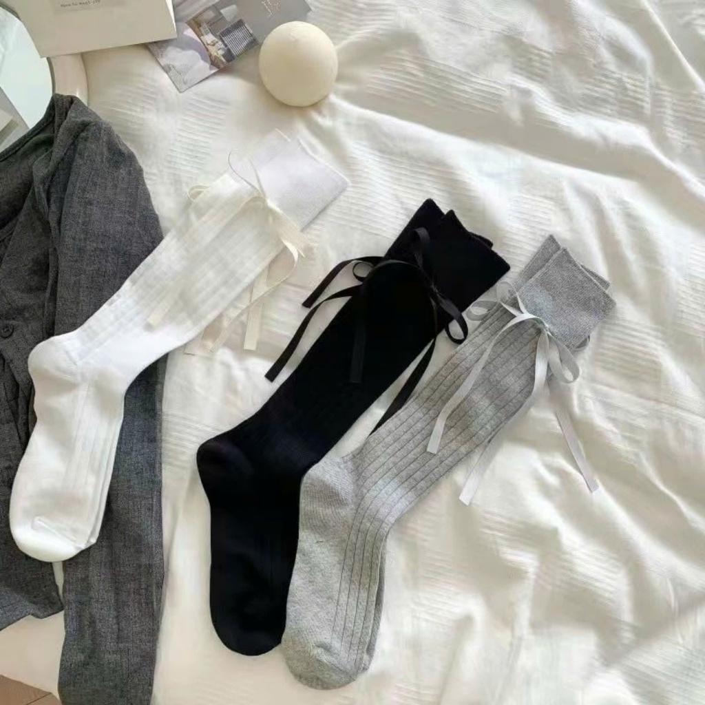 Tất, vớ bắp chân GÂN KẺ SỌC ĐÍNH NƠ phong cách Lolita NhậtBản trẻ trung, thanh lịch có nhiều màu lựa chọn cho nữ Women