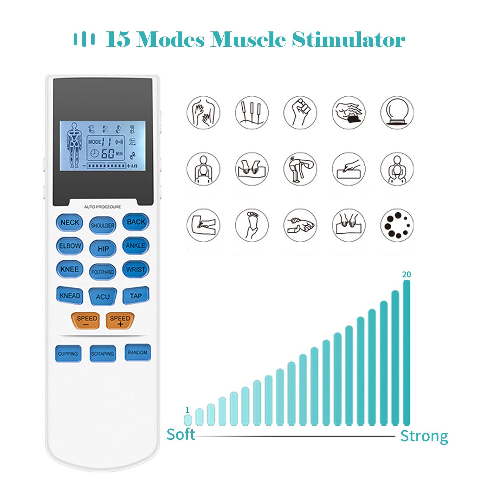 TENS EMS Muscle Stimulator 15 Modes & 8 Pads for Natural Pain Relief Electric Pulse Impulse Mini Massager Machine