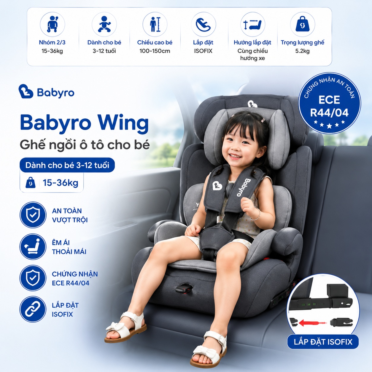 Ghế ngồi ô tô Babyro Wing, cho bé 3-12 tuổi, lắp đặt isofix, gấp gọn - hàng chính hãng