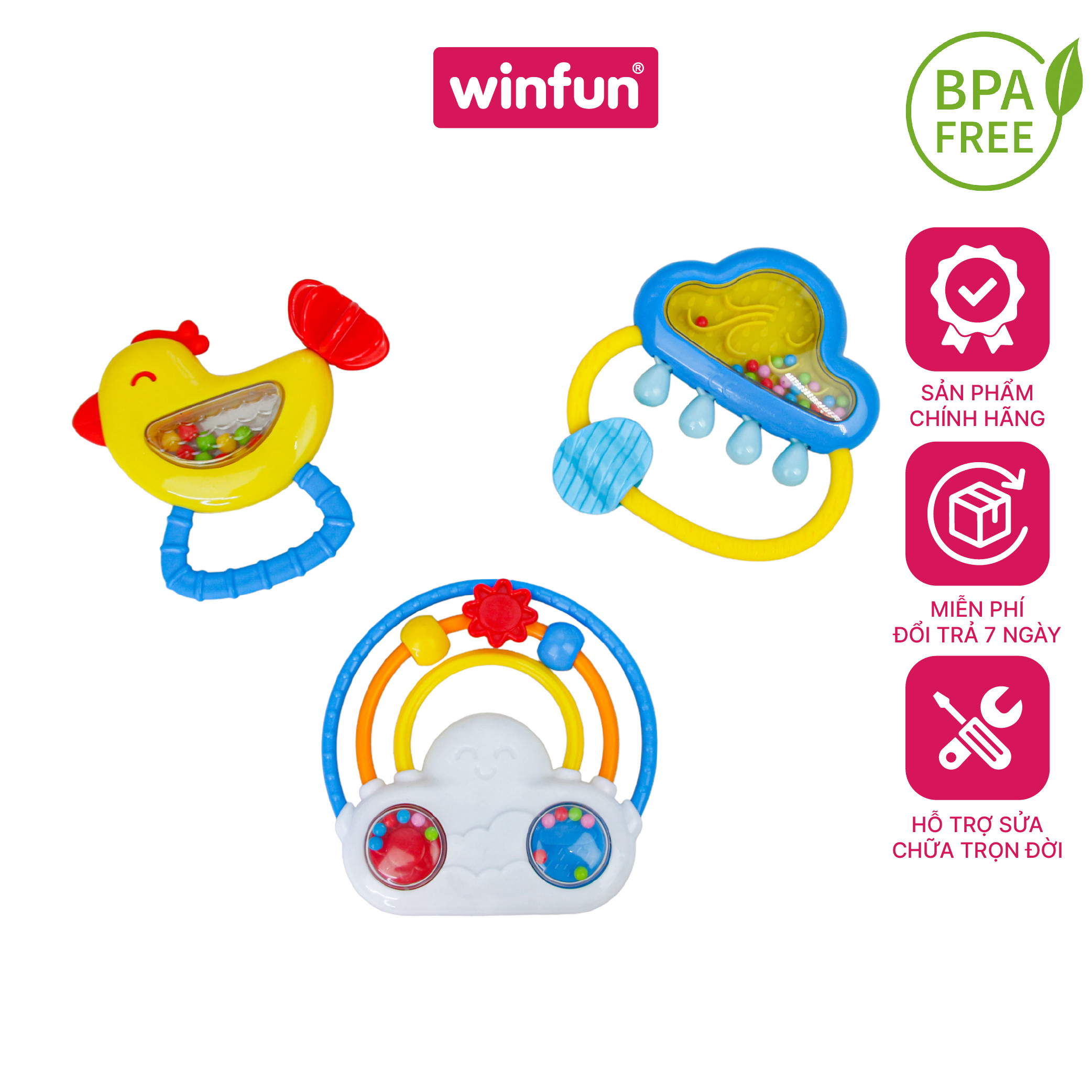 Set 3 đồ chơi xúc xắc cầm tay, gặm nướu chủ đề cầu vồng và mưa Winfun 3030-NL