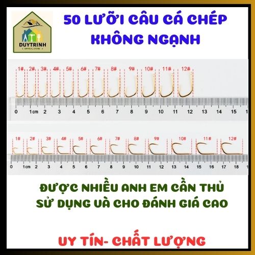 50 Lưỡi Câu Cá Chép Màu Vàng Size #1- #12 Không Ngạnh