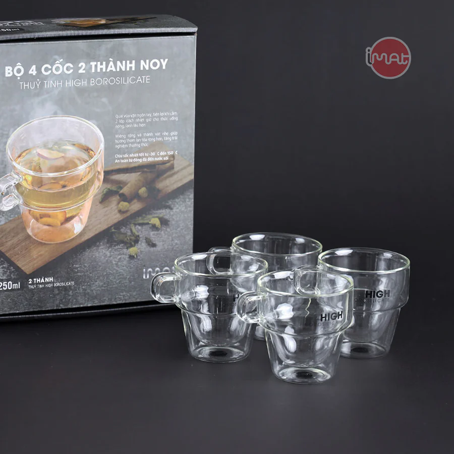 Bộ 4 Cốc IMAT NOY cao cấp 250ml Thủy Tinh Borosilicate Hai Lớp Cách Nhiệt, Chịu Nhiệt Cao, An Toàn