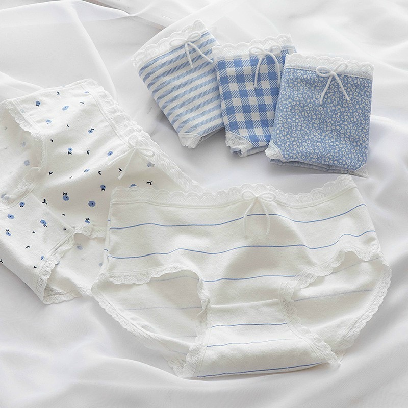 Combo 5 quần lót nữ cotton dễ thương Freesize kẻ xanh da trời