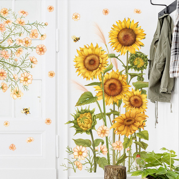 Decal trang trí tường - Bụi hoa hướng dương vàng óng ánh